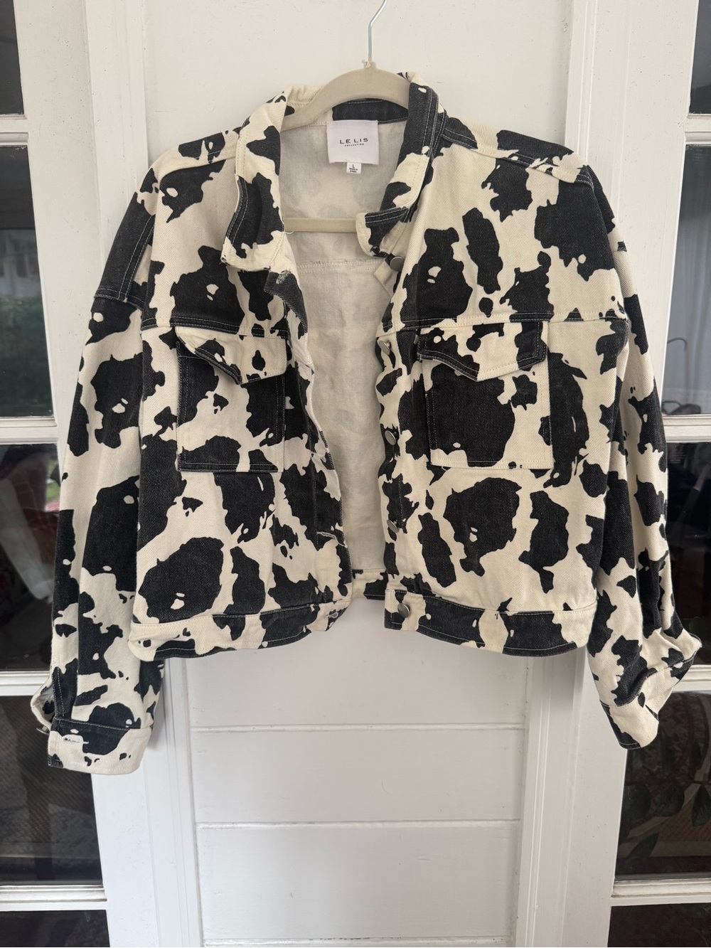 Le Lis Collection Cow Print Cropped Jacket Size L Black Cream Western Oversized
